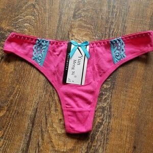 Cotton Thong Panty With Contrasting Lace Accents